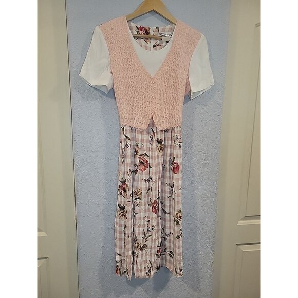 90s Vtg Allison Che Women's Size 6P Midi Dress Pink Floral Crochet Boho Check - Picture 2 of 6